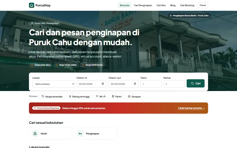 Beranda PurcaStay: pencarian penginapan di Puruk Cahu berdasarkan lokasi, tanggal, dan jumlah tamu.