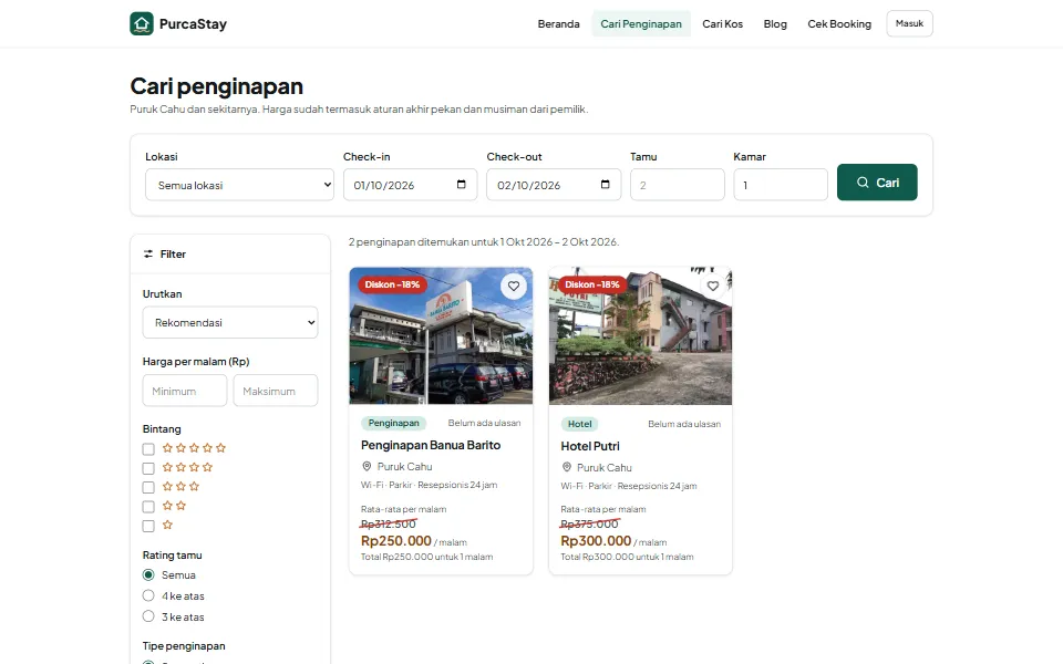 Halaman Cari penginapan PurcaStay: filter dan daftar penginapan beserta harga per malam.