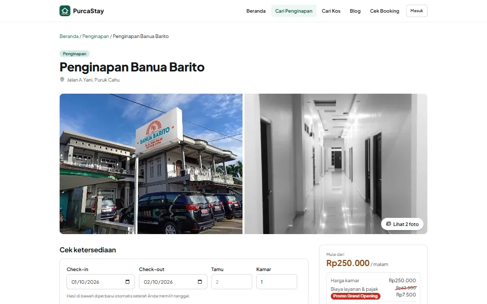Halaman detail Penginapan Banua Barito di PurcaStay: foto, cek ketersediaan, dan rincian harga.
